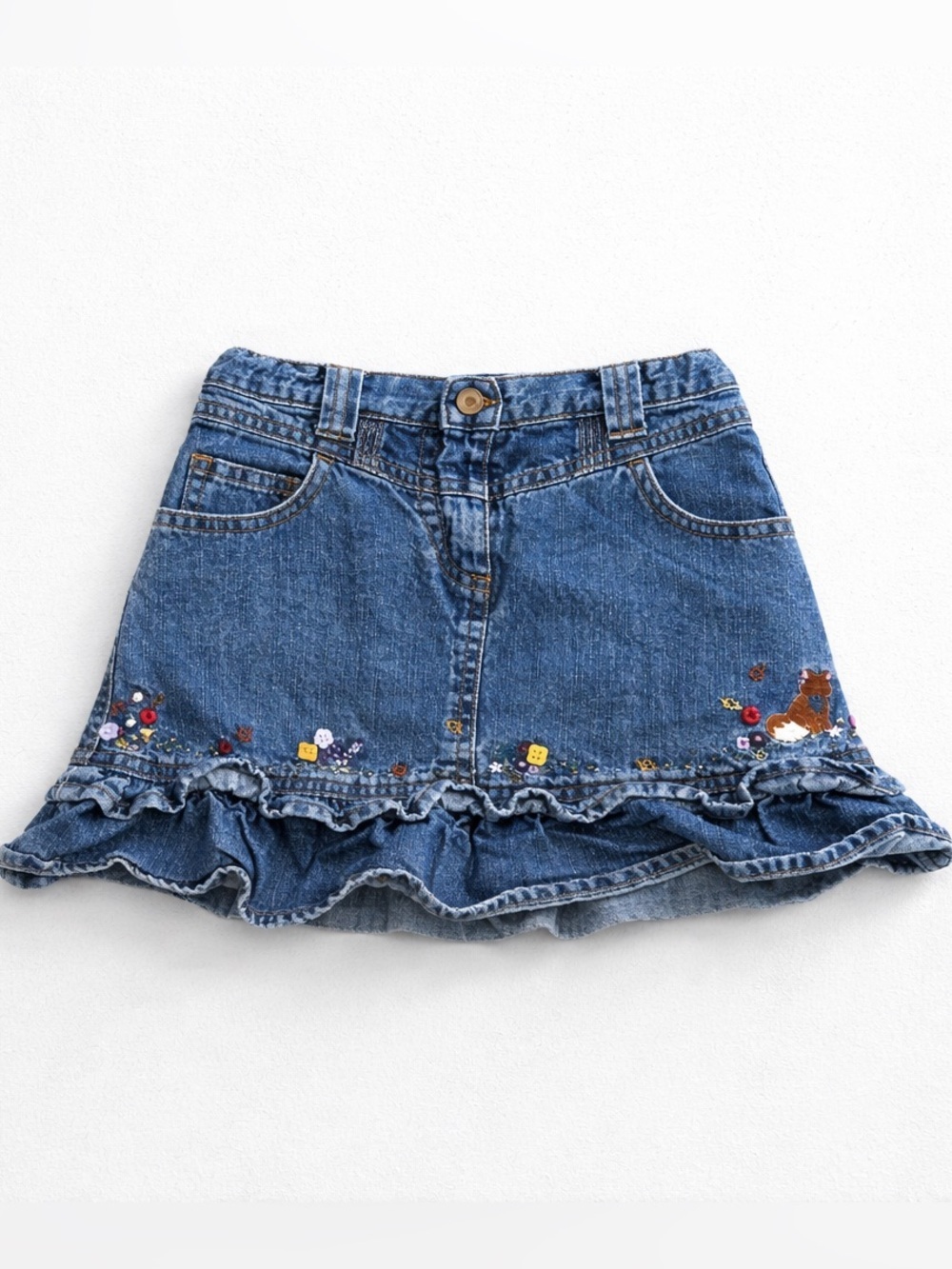 Gymboree 4T 100% Cotton Blue Denim Ruffle Hem Skirt with Floral Embroidery